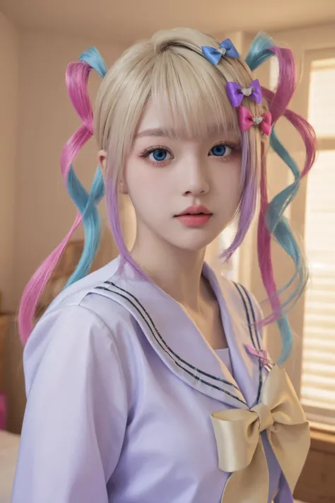<lora:è¶
天:1>, chaotian, best quality, masterpiece, illustration, realistic, photo-realistic, amazing, finely detail, incredibly absurdres, huge filesize, ultra-detailed, highres, extremely detailed CG unity 8k wallpaper, nsfw, chaotian, multicolored hair, pink hair, blue hair, bow, quad tails, hair bow, long hair, blue eyes, bangs, school uniform, sailor collar, serafuku, blonde hair, twintails, long sleeves, blue bow, shirt, purple bow, bedroom, sidelight, A beautiful young woman with Korean-style facial features resembling a popular actress.