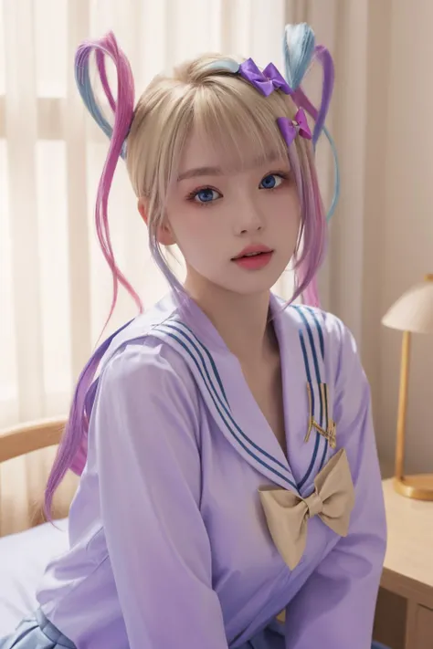 <lora:è¶
天:1>, chaotian, best quality, masterpiece, illustration, realistic, photo-realistic, amazing, finely detail, incredibly absurdres, huge filesize, ultra-detailed, highres, extremely detailed CG unity 8k wallpaper, nsfw, chaotian, multicolored hair, pink hair, blue hair, bow, quad tails, hair bow, long hair, blue eyes, bangs, school uniform, sailor collar, serafuku, blonde hair, twintails, long sleeves, blue bow, shirt, purple bow, bedroom, sidelight, A beautiful young woman with Korean-style facial features resembling a popular actress.