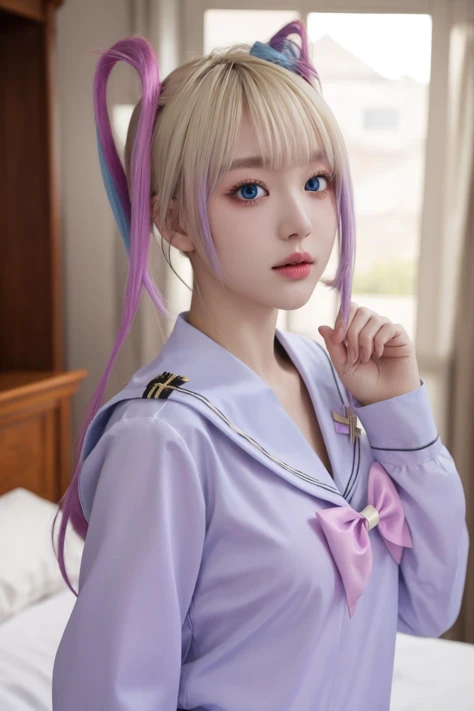 <lora:è¶å¤©:1>, chaotian, best quality, masterpiece, illustration, realistic, photo-realistic, amazing, finely detail, incredibly absurdres, huge filesize, ultra-detailed, highres, extremely detailed CG unity 8k wallpaper, nsfw, chaotian, multicolored hair, pink hair, blue hair, bow, quad tails, hair bow, long hair, blue eyes, bangs, school uniform, sailor collar, serafuku, blonde hair, twintails, long sleeves, blue bow, shirt, purple bow, bedroom, sidelight, A beautiful young woman with Korean-style facial features resembling a popular actress.