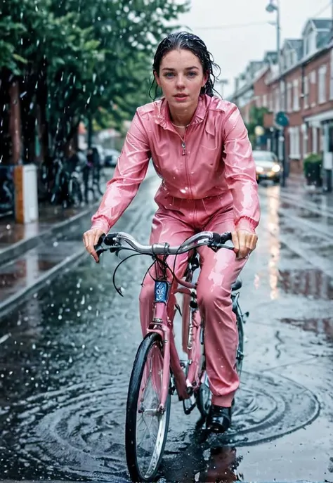 (((masterpiece))),(((best quality))),highly detailed, cinematic film still j3nn1f3r8xl wet  pink jumpsuit, riding bicycle, heavy rain, turning head, looking at viewer,  water drops,splash detailed,surreal dramatic lighting shadow (lofi, analog),kodak film by Brandon Woelfel Ryan McGinley,vignette,high budget,bokeh,cinemascope,moody,epic,gorgeous,film grain,grainy, 
 <lora:Girls_on_Bikes_XL:0.9> b1k3g1rl, <lora:soakingwetclothes:0.5>  <lora:Jennifer8XL:1>