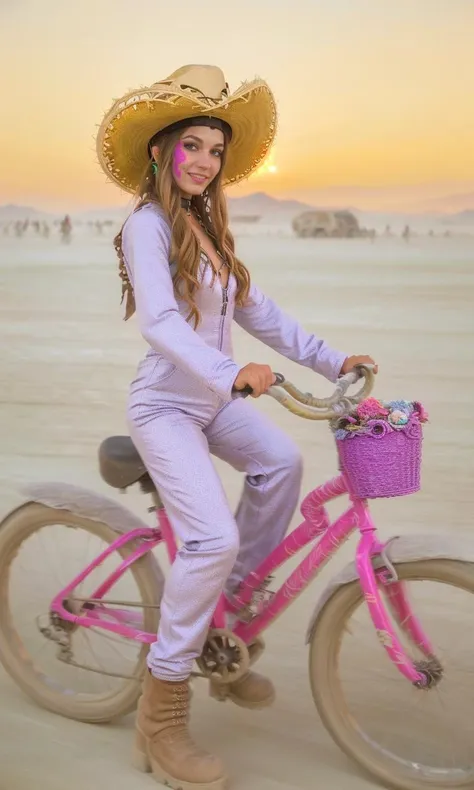 <lora:b1k3g1rl_burner:1> b1k3g1rl, woman, riding, bicycle,  at burningman, three quarter profile, bicycle  basket, decorated bicycle, jumpsuit, cowboy hat