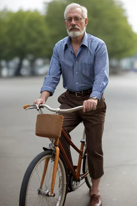 b1k3g1rl <lora:b1k3g1rl_3:1> from front, solo, looking_at_viewer, shirt, long_sleeves, attractive man, standing, jacket, full_body, white_hair, male_focus, outdoors, open_clothes, shoes, striped, collared_shirt, belt, pants, blurry, blurry_background, facial_hair, brown_footwear, blue_shirt, , motor_vehicle, beard, vertical_stripes, striped_shirt, mustache, brown_belt, road, bald, brown_pants, old, old_man, bicycle, vertical-striped_shirt, photo_background, striped_pants, pavement, wrinkled_skin, sitting astride bicycle, one foot on pedal
