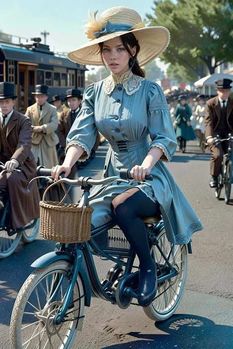 1910 vintage photo of evelynnobodysd15 wearing plain clothes and small straw hat riding a bicycle, old-fashioned bicycle, riding, detailed face, in a crowd of men, outdoors, <lora:1910_dress_v1:0.6> 1910_dr3ss, tights, blue sky
<lora:b1k3g1rl_7:0.6> b1k3g1rl concept