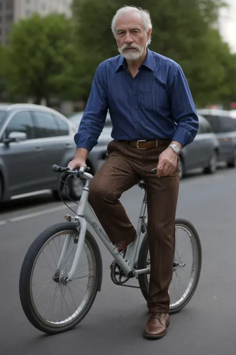 b1k3g1rl <lora:b1k3g1rl_7:0.8> from front, solo, looking_at_viewer, shirt, long_sleeves, attractive man, standing, jacket, full_body, white_hair, male_focus, outdoors, open_clothes, shoes, striped, collared_shirt, belt, pants, blurry, blurry_background, facial_hair, brown_footwear, blue_shirt, , motor_vehicle, beard, vertical_stripes, striped_shirt, mustache, brown_belt, road, bald, brown_pants, old, old_man, bicycle, vertical-striped_shirt, photo_background, striped_pants, pavement, wrinkled_skin, sitting astride bicycle, one foot on pedal