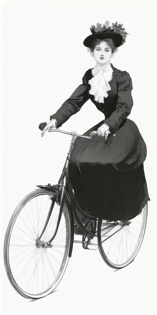1900, closeup, black ink drawing of b1k3g1rl, StacyHiggins, updo hairstyle, breasts, smile, [bloomers|pantaloons], outdoors, solo focus, day, tree, shadow, shirtwaist, basket, road, riding, riding bicycle, bicycle, bicycle basket  by g1bs0n <lora:cdg_v3:1><lora:b1k3g1rl_wd14_blip:1>