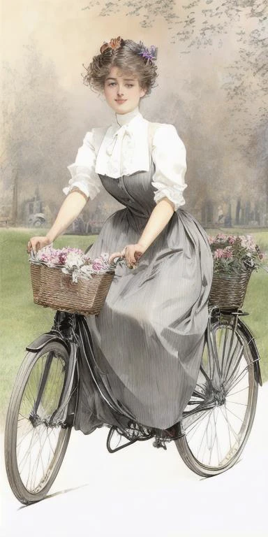 closeup, drawing of b1k3g1rl, StacyHiggins, updo hairstyle, breasts, smile, bloomers, full body, outdoors, solo focus, day, tree, shadow, shirtwaist, basket, road, riding, riding bicycle, bicycle, bicycle basket by g1bs0n <lora:cdg_v3:1><lora:b1k3g1rl_wd14_blip:1>