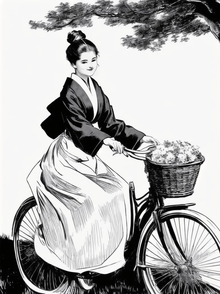 circa 1914, closeup, vintage black ink drawing of b1k3g1rl, woman, hair bun, hair ornament,, breasts, large breasts, smile, yukata, kimono, obi, japanese clothes, sandals, outdoors, solo focus, day, tree, shadow, shirtwaist, basket, road, riding, riding bicycle, bicycle, bicycle basket by g1bs0n <lora:cdg_v3:1><lora:b1k3g1rl_wd14_blip:0.6>