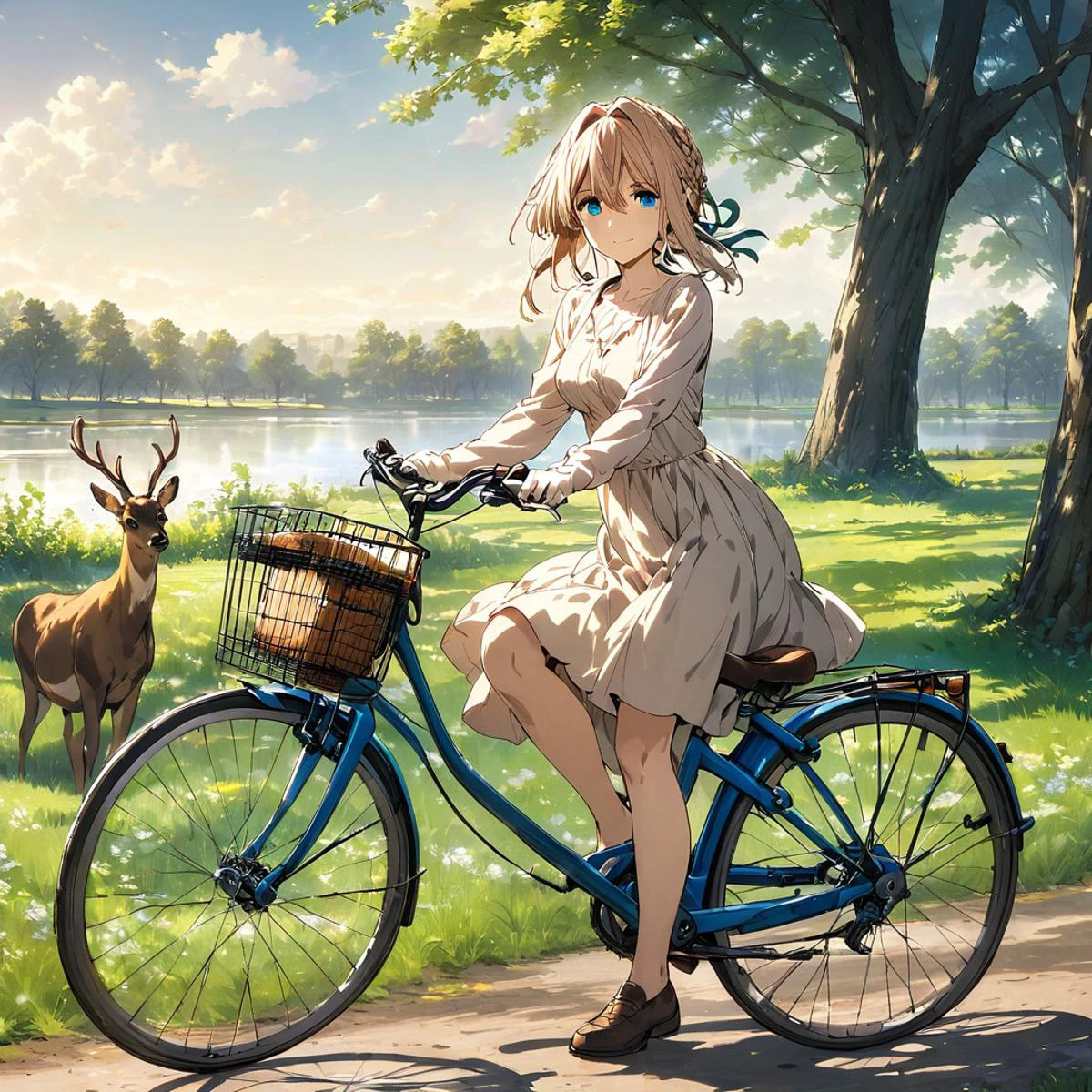1girl, violet evergarden, violet evergarden \(series\), <lora:Girls_on_Bikes_XL:0.6>, <lora:sdxl-flat:-0.6>, masterpiece, best quality, very aesthetic, absurdres, official art,
medium breasts, smile, dress,
riding bicycle, bicycle, front bicycle basket, b1k3g1rl, Richmond_Park, lakeside, outdoors, bench, (deer:0.8), (sun light:-1),