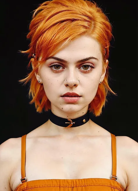 portrait of sks woman by Flora Borsi, style by Flora Borsi, bold, bright colours, orange Mohawk haircut, ((Flora Borsi)), <lora:alexaMarekaModel_v10:1.3>