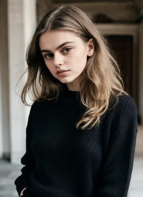 analog style, a photo of sks woman, wearing a black sweater, posing for the camera, modelshoot style, Sharp, 8k, <lyco:alexaMareka:1>