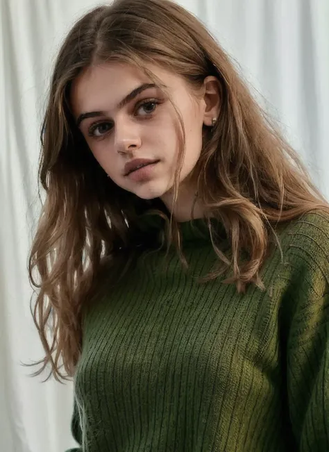 a photo of sks woman doing a modelshoot, modelshoot style, wearing green pullover, posing for the camera, Sharp, 8k, <lyco:alexaMareka:1.3>