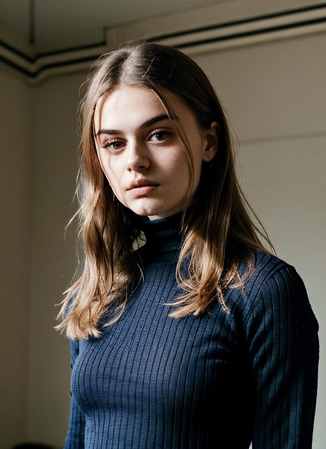 A close up of a woman with long hair wearing a turtle neck sweater ...