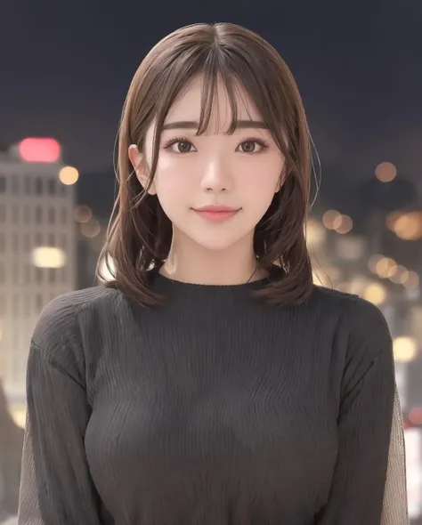 pureerosface_v1, best quality, photorealistic, 8k, high res, 1girl, woman, (skindentation), (portrait:0.6), ((cityscapebackground:2)) , smallsize round breast, highneck sweater:1.5)), straight-looking at viewer:1.8, (1girl eyes looking at viewer:1.45, medium-length hair, blackhair, partedbangs:1.45), photorealistic, (bokeh), <lora:CBAV-mirei:0.69>
