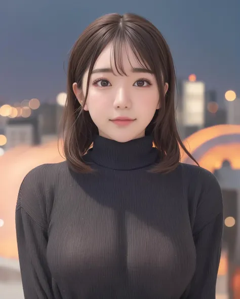 pureerosface_v1, best quality, photorealistic, 8k, high res, 1girl, woman, (skindentation), (portrait:0.6), ((cityscapebackground:2)) , ((smallsize round breast, highneck sweater:1.7)), straight-looking at viewer:1.8, (1girl eyes looking at viewer:1.45, medium-length hair, blackhair, partedbangs:1.45), photorealistic, (bokeh),   <lora:CBAV-mirei:0.69>