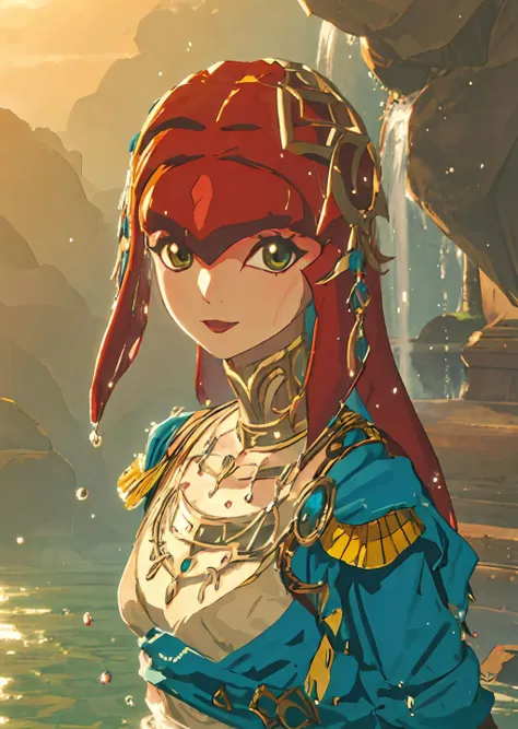 <lora:mika50+:1>,1girl,solo,mifa,looking at viewer,<lora:botw_style_offset:0.9>,Illumination,Smile,fluttering clothes,Water,Wet,Half-body photo,