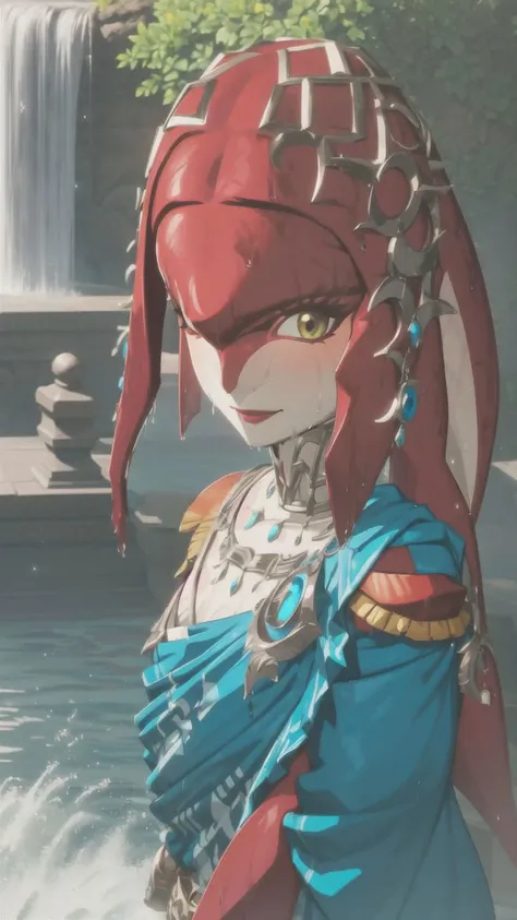 <lora:mipha:1>,1girl,solo,mifa,looking at viewer,<lora:botw_style_offset:0.9>,Illumination,Smile,fluttering clothes,Water,Wet,Half-body photo,