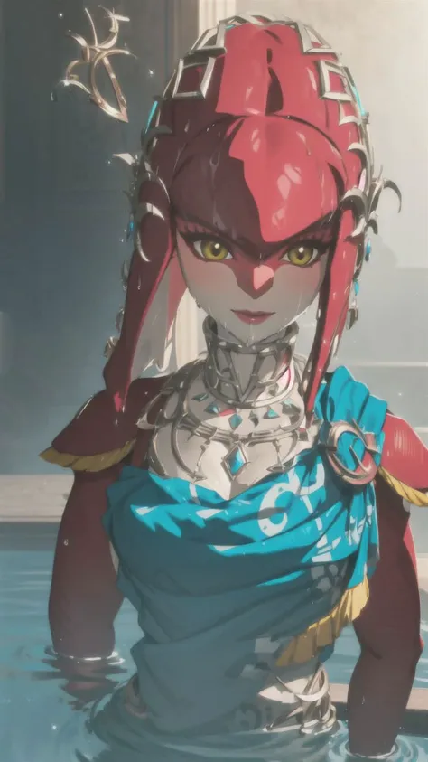 <lora:mipha:1>,1girl,solo,mifa,looking at viewer,<lora:botw_style_offset:0.9>,Illumination,Smile,fluttering clothes,Water,Wet,Half-body photo,