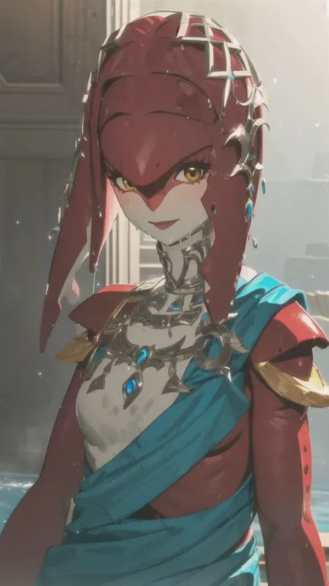 <lora:mipha:1>,1girl,solo,mifa,looking at viewer,<lora:botw_style_offset:0.9>,Illumination,Smile,fluttering clothes,Water,Wet,Half-body photo,