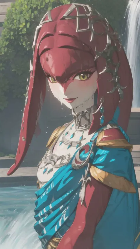 <lora:mipha:1>,1girl,solo,mifa,looking at viewer,<lora:botw_style_offset:0.9>,Illumination,Smile,fluttering clothes,Water,Wet,Half-body photo,
