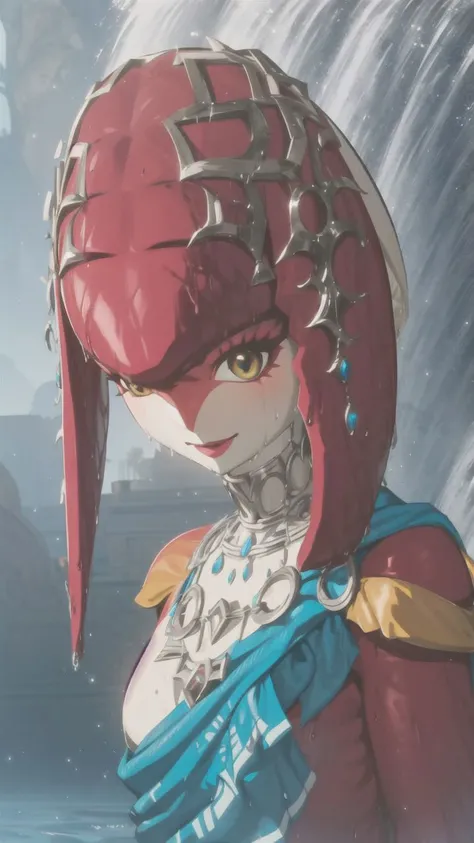 <lora:mipha:1>,1girl,solo,mifa,looking at viewer,<lora:botw_style_offset:0.9>,Illumination,Smile,fluttering clothes,Water,Wet,Half-body photo,