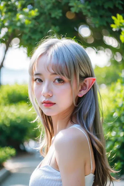 (best quality:1.4), (ultra highres:1.2), (photorealistic:1.4), (8k, RAW photo:1.2),(portrait shot:1.3), pinomyim, pointy ears, elf, 1girl, solo, silver hair, white hair, long hair, looking at viewer, bokeh, depth of field, upper body, white dress, cleavage, red eyes, <lora:pinomyim-000004:0.8>, <lora:ElfOutfitV2:0.55>