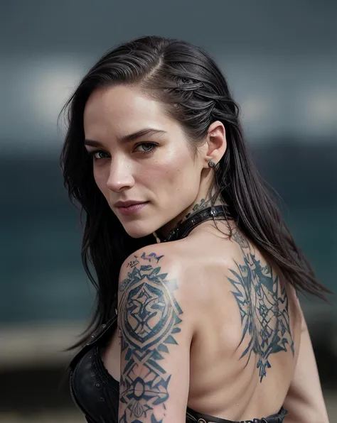 beautiful woman (Koh_MelanieScrofano:.99), ((black dyed hair, shaved sides)), (many tattoos, tattoo sleeves, biker babe:1.3), elegant, ( ocean[::1]) , hair blowing in wind, wind lift, natural skin texture, (<lora:CostumeElfOutfitElfBikini_v2White:0.8:TT>elfoutfit, pelvic curtain, fantasy clothes, mesh panties, panty pull, detached sleeves[::1]), sunset, cute smile, 24mm, 4k textures, soft cinematic light, adobe lightroom, photolab, hdr, intricate, elegant, highly detailed, sharp focus, ((((cinematic look)))), soothing tones, insane details, intricate details, hyperdetailed, low contrast, soft cinematic light, exposure blend, hdr, faded,