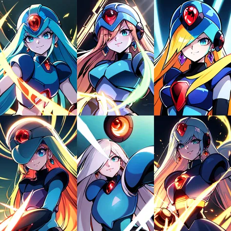 (otherworldly, otherworldly atmosphere, otherworldly appearance), highly insanely detailed, masterpiece, top quality, best quality, highres, 4k, 8k, RAW photo, (long_hair, long hair), collar, earrings, jewelry,
(random colors cloth, random colors hair, random long hair, dynamic hair, glowing hair),
long hair, eyelashes, eyeliner, makeup, hair over one eye,
(dynamic pose), (dynamic weather),
digital artwork, <lora:Detail - add_detail:0.2>, 1boy, android, XRockman, blue helmet, green eyes, red crystal, blue armor, <lora:XRockman:0.9>, colosseum, upper body,
(smiling at viewer), (fantasy world)