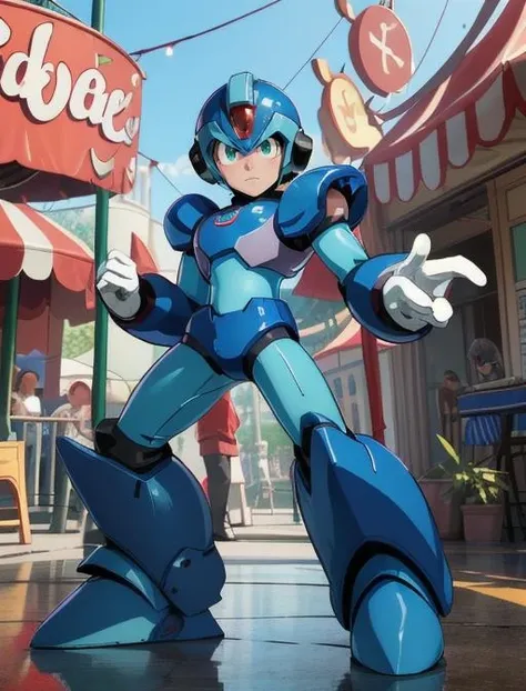 best quality, masterpiece, highres, detailed, digital artwork, <lora:Detail - add_detail:0.2>, 1boy, android, XRockman, blue helmet, green eyes, red crystal, blue armor,  <lora:Character - XRockman:0.9>, amusement park, white gloves