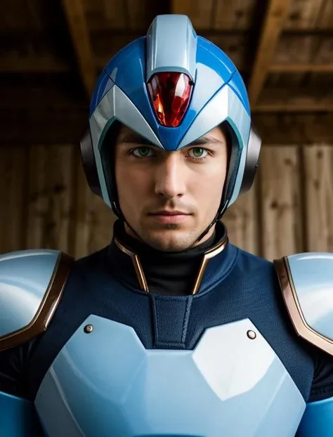 best quality, masterpiece, highres, detailed, realistic, cosplay, .35mm, <lora:Detail - add_detail:0.2>, 1man, android, XRockman, blue helmet, green eyes, red crystal, blue armor, <lora:Character - XRockman:0.7>, barn,