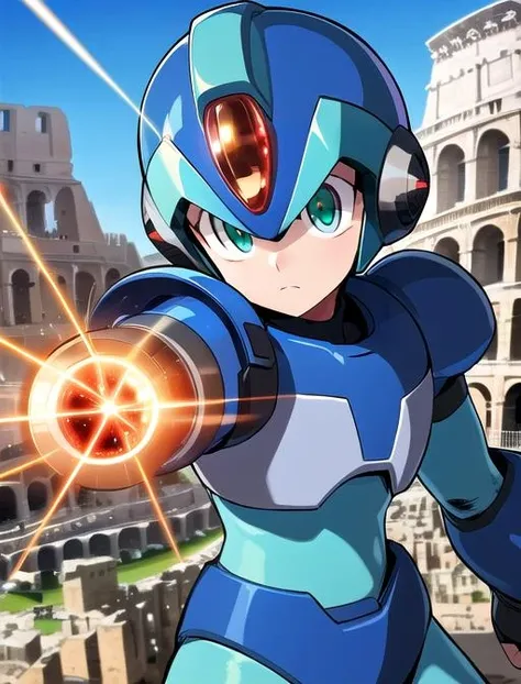 best quality, masterpiece, highres, detailed, digital artwork, <lora:Detail - add_detail:0.2>, 1boy, android, XRockman, blue helmet, green eyes, red crystal, blue armor, arm cannon, laser, <lora:Character - XRockman:0.8>,, colosseum