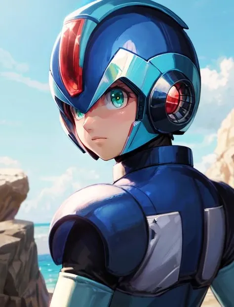 best quality, masterpiece, highres, detailed, digital artwork, <lora:Detail - add_detail:0.2>, 1boy, android, XRockman, blue helmet, green eyes, red crystal, blue armor, <lora:Character - XRockman:0.9>, summer, upper body,