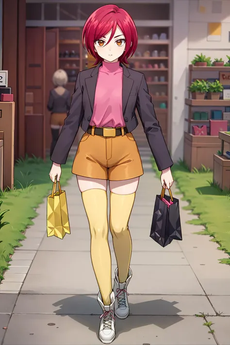 <lyco:GoodHands-beta2:0.6>, <lora:michiru_otona:0.65>, michiru_otona, black jacket, pink shirt, turtleneck, belt, brown shorts, yellow thighhighs, white boots, mature female,( Walking down the shopping street:1.3), full body, solo