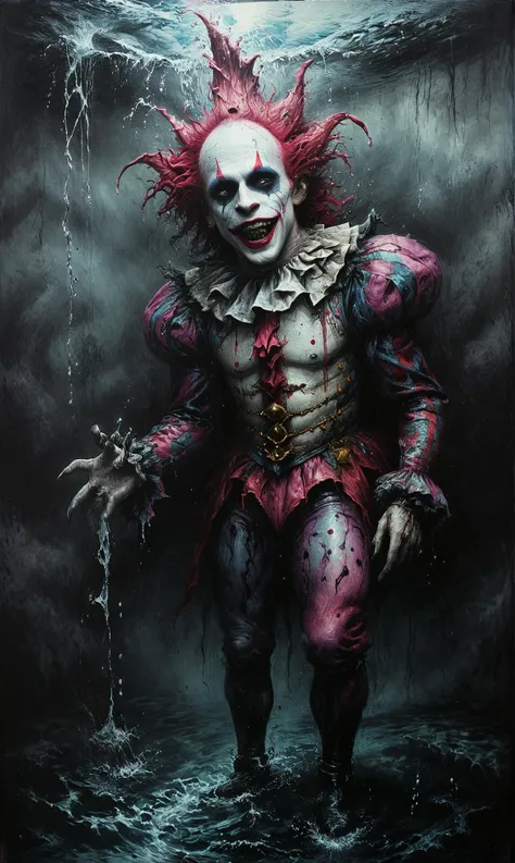 A creepy <lora:RPGJesterXL:0.7> jester drowning, detailed hyperrealism painting, full body, <lora:xl_more_art-full_v1:0.3>, <lora:InkArtXL_1.2:0.7> ink art, line art, <lora:NicolaSamori:0.8>, <lora:Desolation:0.6>, <lora:EnvyFeverDreamXL01a:0.7>, horror