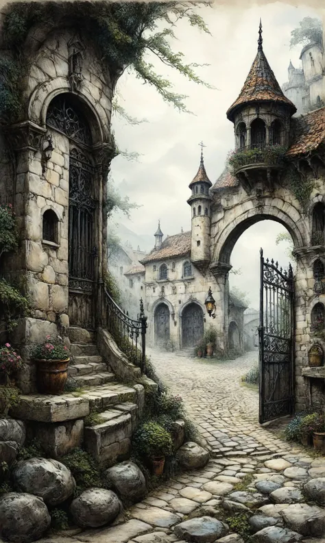 a <lora:RPGBansheeXL:0.7> banshee at a Cobblestone courtyard with wrought-iron gates, ultra-fine digital painting, <lora:xl_more_art-full_v1:0.3>,   [<lora:InkArtXL_1.2:0.7> ink art, line art:<lora:ParchartXL-1.5:0.7> on parchment, ink illustration:0.5]