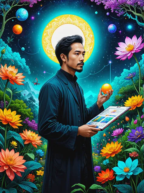 Galactic entrepreneur trading in rare resources in Quantum garden where reality bends, ultra-fine digital painting, <lora:xl_more_art-full_v1:0.3>, <lora:InkArtXL_1.2:0.7> ink art, line art, <lora:PE_NeonUV Style:0.7> PENeonUV