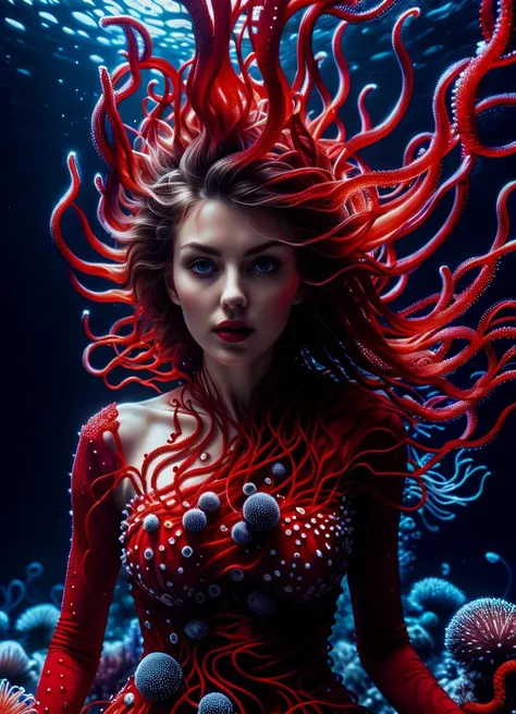A model, hyper realistic faces, goddess, she is wearing a beautiful long flowing vivid red dress made entirely of Red Sea urchins and anemone tentacles, highly detailed portrait photography with depth of field, full body <lora:DFunk_SDXL:0.6> <lora:EnvyInkSwirlXL01:0.8> swirling ink <lora:InkArtXL_1.2:0.4> ink art <lora:ral-exposure:0.8> ral-exposure, subsurface scattering, Photorealistic, Hyperrealistic, analog style, realistic, film photography, soft lighting, heavy shadow