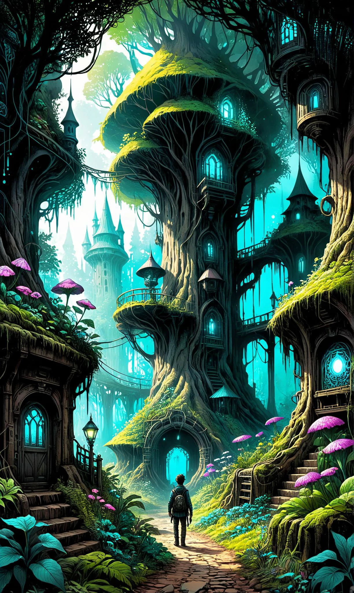 a Underground netrunner with cyberdeck hacking at a Enchanted forest with mystical flora, ultra-fine digital painting, <lora:xl_more_art-full_v1:0.3>, <lora:InkArtXL_1.2:0.7> ink art, line art, <lora:fracolor:0.7> fracolor <lora:gildedvictoriansxl_v1:0.4> victorianstyle