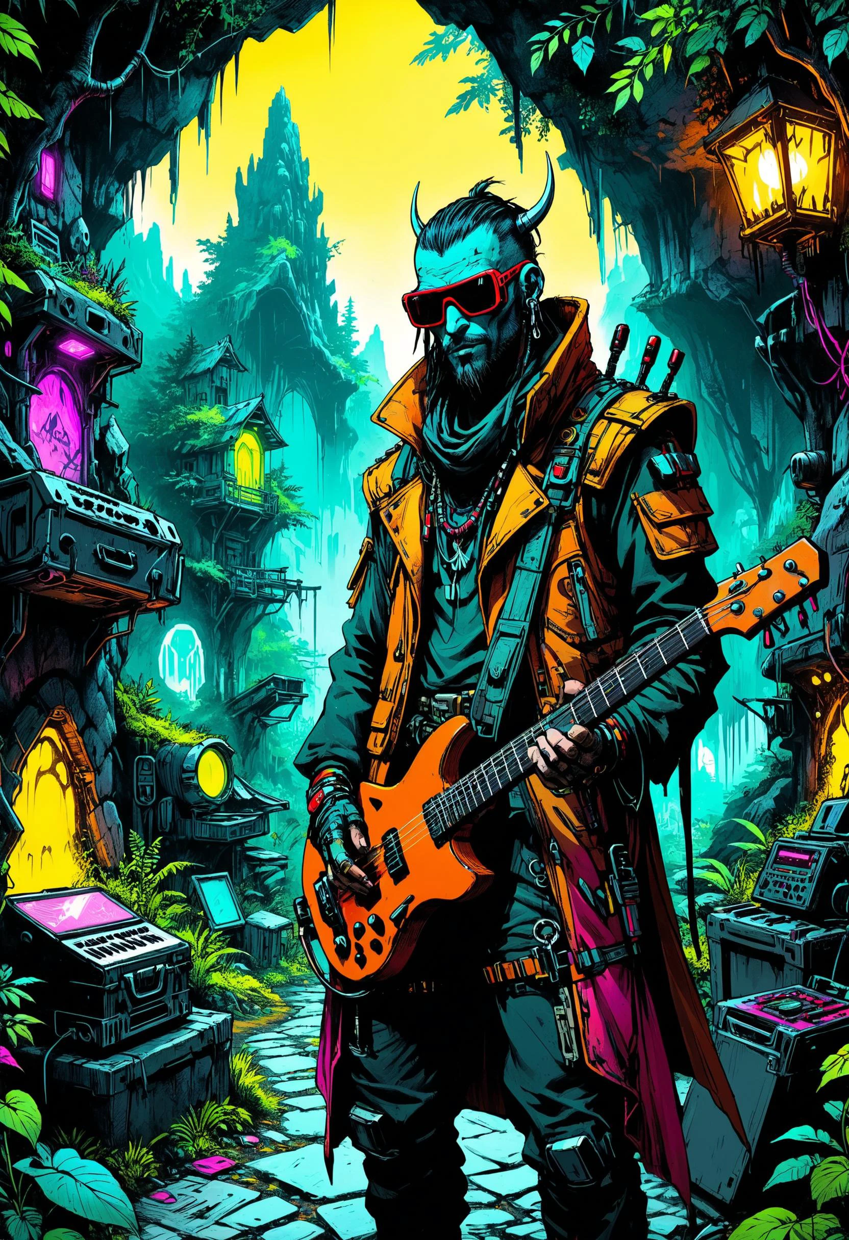 <lora:evil_villain:1> evil villain Cyberpunk nomad musician with augmented instruments, <lora:outrageous_fashion:1> outrageous fashion, Hidden cave entrance in lush forest in the background, <lora:xl_more_art-full_v1:0.4>, <lora:MJ52:0.4>, Streetlights, <lora:InkArtXL_1.2:0.7> ink art, line art, <lora:saturated_colors:0.8> saturated colors, sharp focus, highly detailed