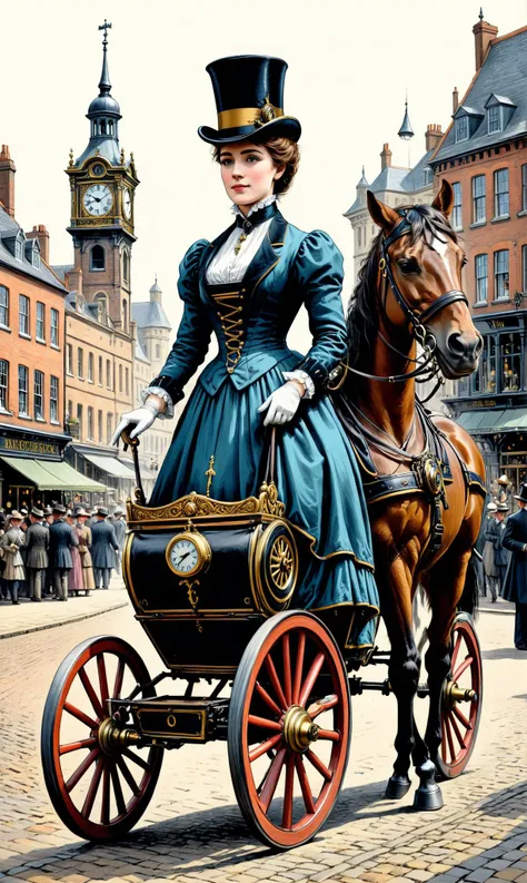 a Clockwork automaton in Victorian attire at a Horse-drawn carriages in a bustling square, ultra-fine digital painting, <lora:xl_more_art-full_v1:0.3>, <lora:InkArtXL_1.2:0.7> ink art, line art, <lora:cine:0.7> cin3 <lora:gildedvictoriansxl_v1:0.4> victorianstyle