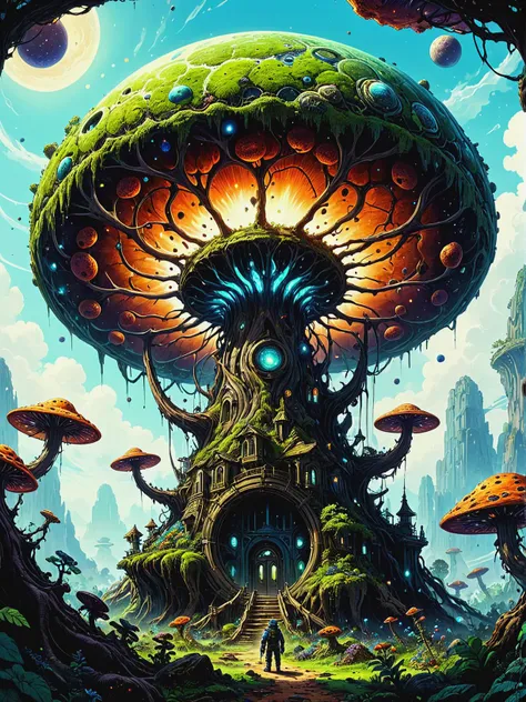 Fungal giant with spore-emitting appendages in Planetary rings repurposed for habitation, ultra-fine digital painting, <lora:xl_more_art-full_v1:0.3>, <lora:InkArtXL_1.2:0.7> ink art, line art, <lora:Dreamyvibes artstyle SDXL - Trigger with dreamyvibes artstyle:0.7> Dreamyvibes Artstyle
