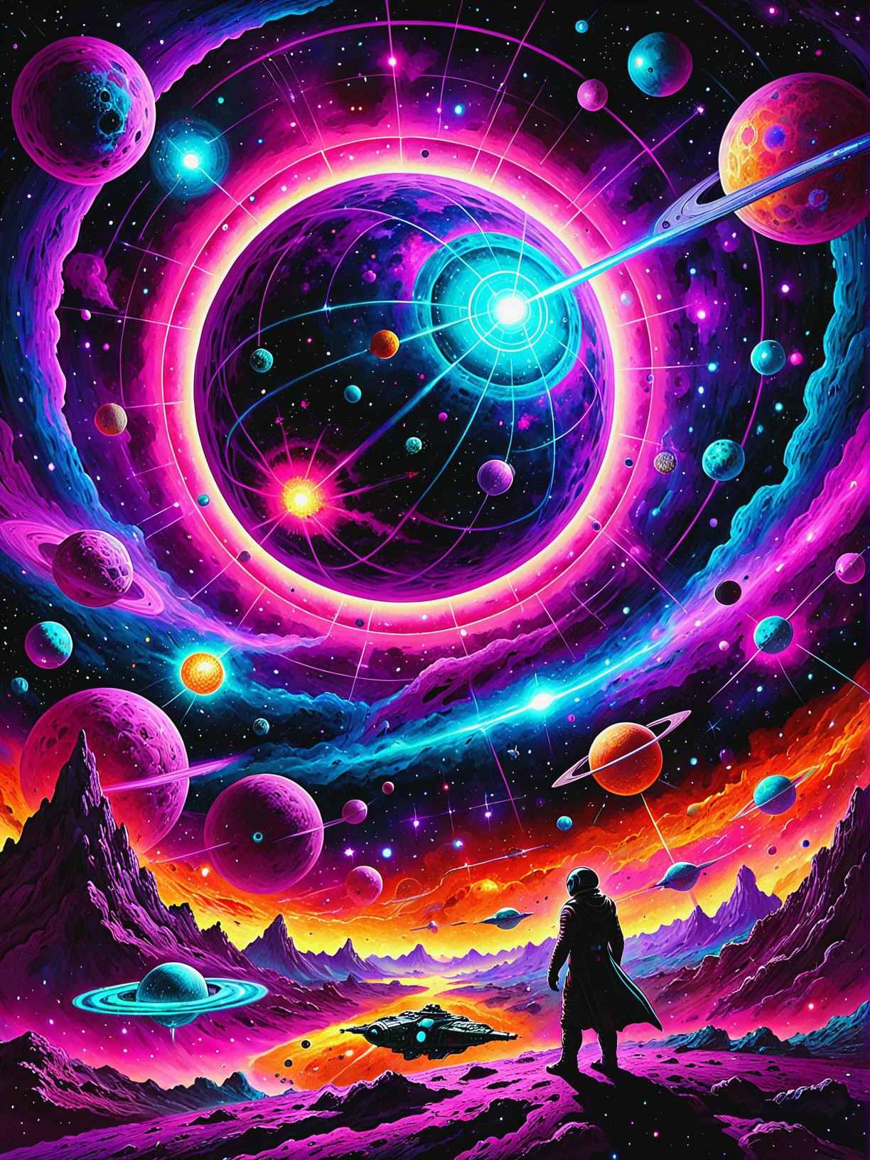 Galactic historian chronicling spacefaring civilizations in Quantum rifts connect alternate dimensions, ultra-fine digital painting, <lora:xl_more_art-full_v1:0.3>, <lora:InkArtXL_1.2:0.7> ink art, line art, <lora:EnvyFeverDreamXL01a:0.7>