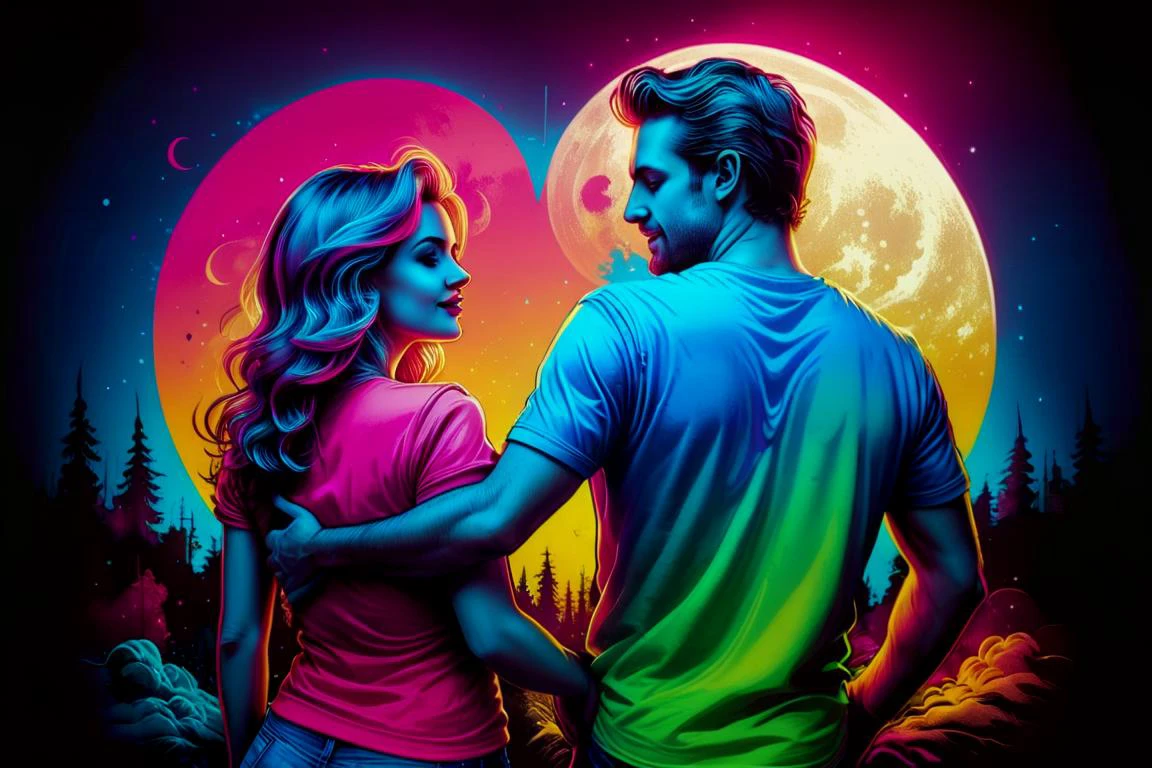 T-shirt illustration, vector, pinterest, a Caucasian couple embracing, unveil the love, Ultra wide lens, Adrian Smith, romantic, Iridescent, (heart shaped moon:1.1) in background retro comic, retro, pop art <lora:DFunk_SDXL:0.8> <lora:EnvyInkSwirlXL01:0.8> swirling ink <lora:InkArtXL_1.2:0.4> ink art <lora:ral-exposure:0.8> ral-exposure, subsurface scattering, Photorealistic, Hyperrealistic, analog style, realistic, film photography, soft lighting, heavy shadow, Ombre color scheme of neon orange, neon pink, neon blue, neon yellow, neon green,
