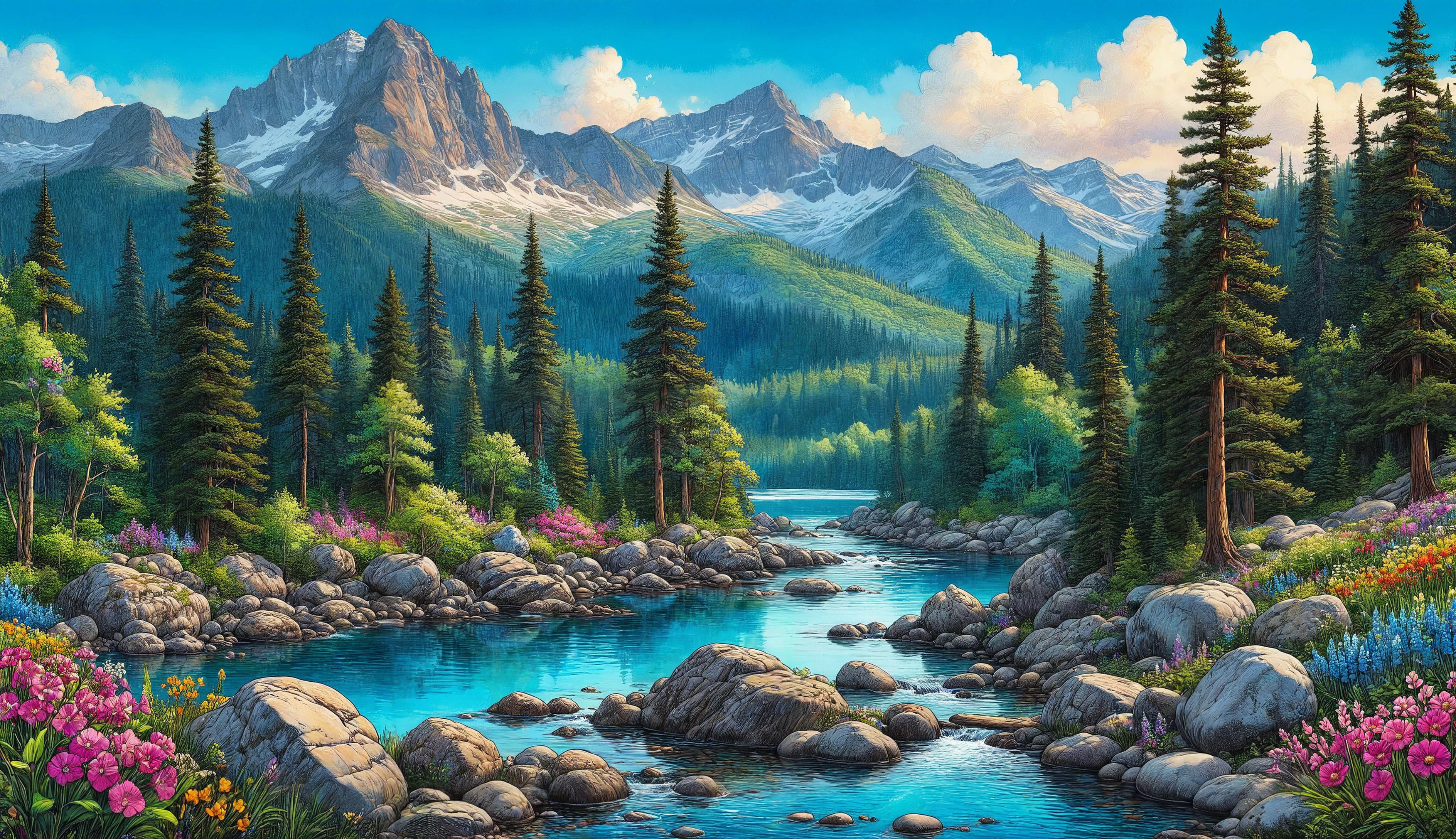 breathtaking fine vibrant alcohol ink sketch, pristine mountain landscape, shiny saturated colors, featuring a clear blue river with smooth stones and boulders in and around the water. The landscape is lush with vibrant wildflowers in a myriad of colors, and the undergrowth is dense with greenery. colorful , Towering trees with detailed bark textures rise majestically against the backdrop of a majestic mountain. vivid Sunlight filters through the foliage, casting dappled light on the scene, enhancing the depth and richness of the natural setting. iridescent, The sky is clear with a few wisps of clouds, and the overall atmosphere is one of peaceful wilderness, <lora:InkArtXL_1.2:1.2> . award-winning, professional, highly detailed