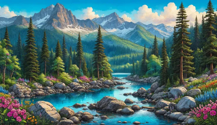 breathtaking fine vibrant alcohol ink sketch, pristine mountain landscape, shiny saturated colors, featuring a clear blue river with smooth stones and boulders in and around the water. The landscape is lush with vibrant wildflowers in a myriad of colors, and the undergrowth is dense with greenery. colorful , Towering trees with detailed bark textures rise majestically against the backdrop of a majestic mountain. vivid Sunlight filters through the foliage, casting dappled light on the scene, enhancing the depth and richness of the natural setting. iridescent, The sky is clear with a few wisps of clouds, and the overall atmosphere is one of peaceful wilderness, <lora:InkArtXL_1.2:1.2> . award-winning, professional, highly detailed