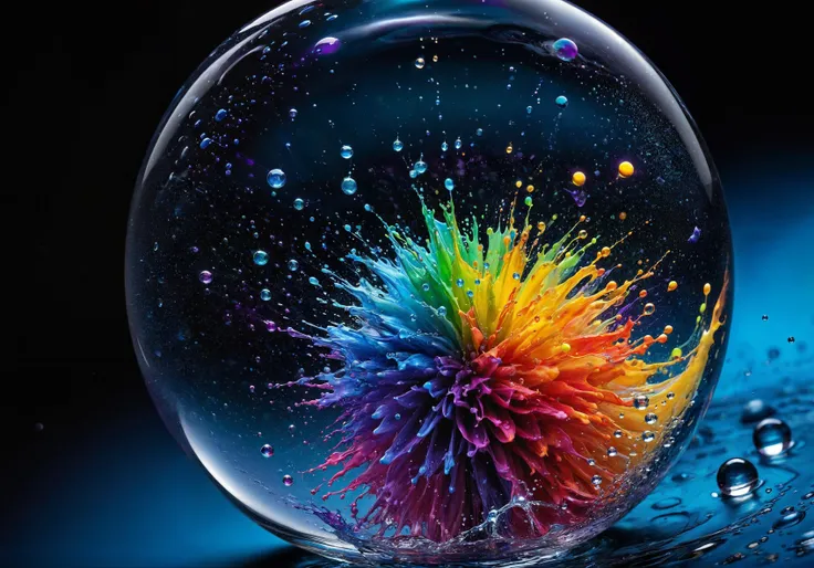 breathtaking A realistic colorful  ink and wash with vibrant watercolor sketch of a volumetric (splash of liquids in vibrant colors),  neutron star-like, dynamically shaped by the liquid splashes, each petal with a different brilliant color ranging from red, yellow, green, to purple, and blue. At the center, a spherical droplet in a vivid blue,composition has a glossy and shiny quality, with light reflections giving the image depth and a three-dimensional look, background is dark, making the colors of the splash art pop and appear even more luminous, Droplets in mid-air,  <lora:InkArtXL_1.2:0.4>   . award-winning, professional, highly detailed