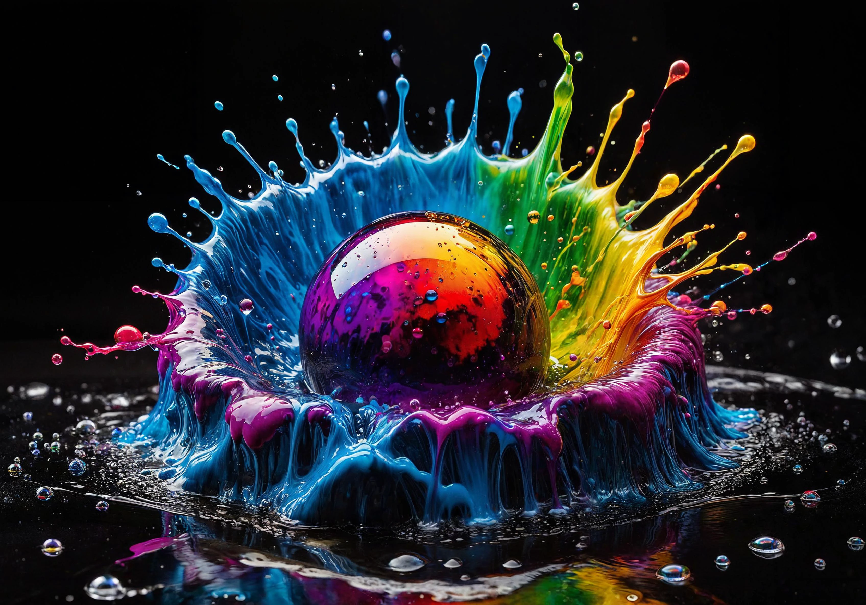 cinematic photo breathtaking A realistic colorful  ink and wash with vibrant watercolor sketch of a volumetric (splash of liquids in vibrant colors),  [asteroid-like] , dynamically shaped by the liquid splashes, each petal with a different brilliant color ranging from red, yellow, green, to purple, and blue. At the center, a spherical droplet in a vivid blue,composition has a glossy and shiny quality, with light reflections giving the image depth and a three-dimensional look, background is dark, making the colors of the splash art pop and appear even more luminous, Droplets in mid-air,  <lora:InkArtXL_1.2:0.4>   . award-winning, professional, highly detailed . 35mm photograph, film, bokeh, professional, 4k, highly detailed