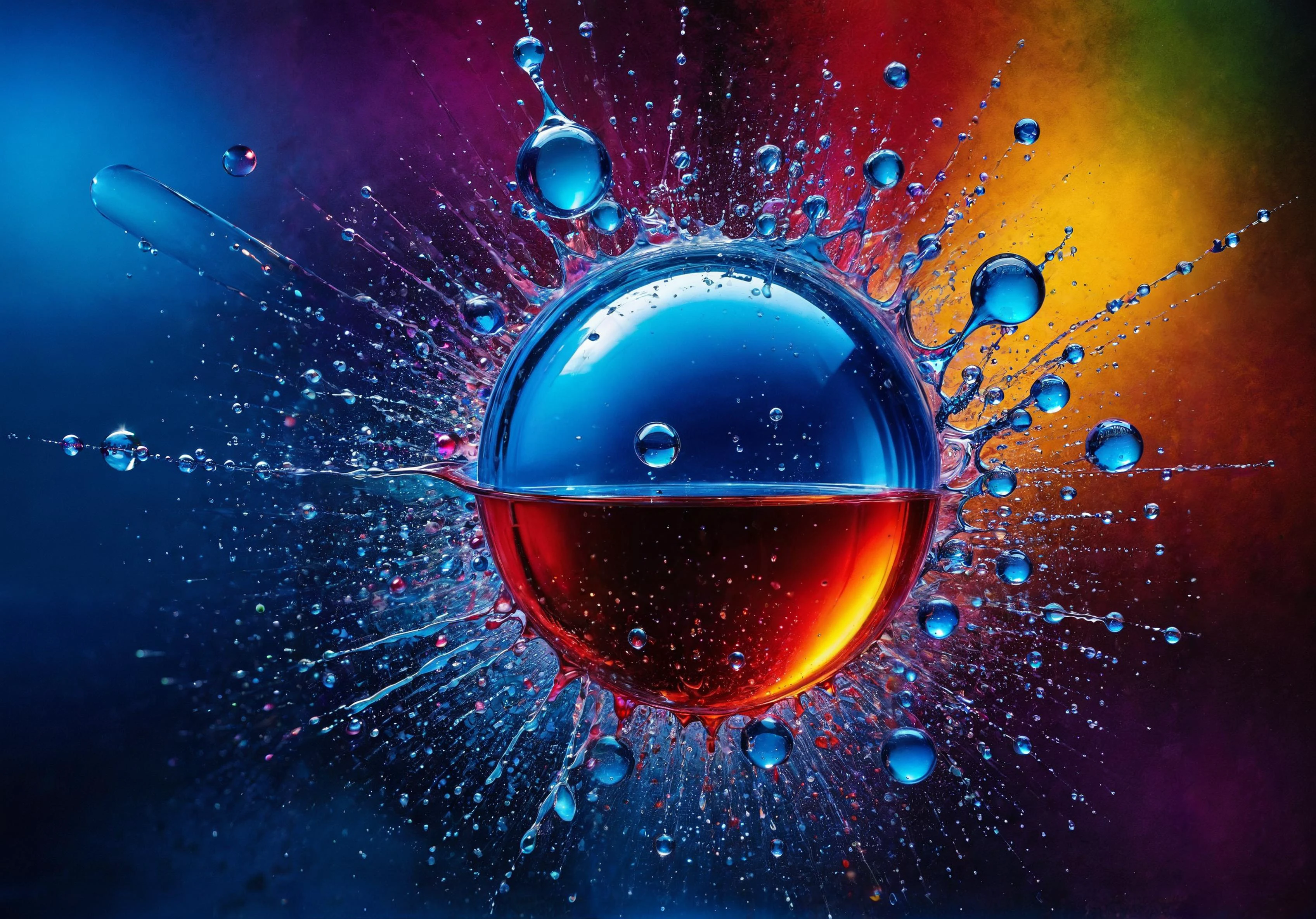 pointillism style breathtaking A realistic colorful ink and wash with vibrant watercolor sketch of a volumetric (splash of liquids in vibrant colors), big bang-like, dynamically shaped by the liquid splashes, each petal with a different brilliant color ranging from red, yellow, green, to purple, and blue. At the center, a spherical droplet in a vivid blue,composition has a glossy and shiny quality, with light reflections giving the image depth and a three-dimensional look, background is dark, making the colors of the splash art pop and appear even more luminous, Droplets in mid-air, <lora:InkArtXL_1.2:0.4> . award-winning, professional, highly detailed . composed entirely of small, distinct dots of color, vibrant, highly detailed