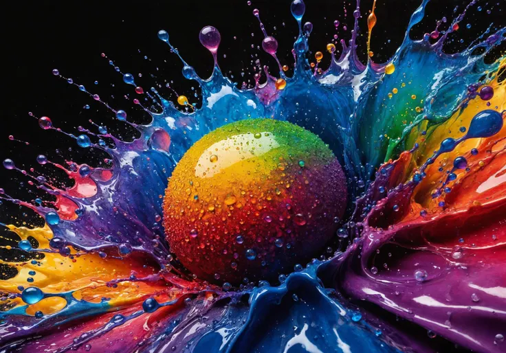 pointillism style breathtaking A realistic colorful  ink and wash with vibrant watercolor sketch of a volumetric (splash of liquids in vibrant colors),  galaxy-like, dynamically shaped by the liquid splashes, each petal with a different brilliant color ranging from red, yellow, green, to purple, and blue. At the center, a spherical droplet in a vivid blue,composition has a glossy and shiny quality, with light reflections giving the image depth and a three-dimensional look, background is dark, making the colors of the splash art pop and appear even more luminous, Droplets in mid-air,  <lora:InkArtXL_1.2:0.4>   . award-winning, professional, highly detailed . composed entirely of small, distinct dots of color, vibrant, highly detailed