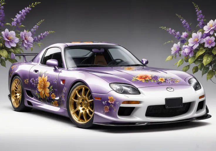 breathtaking  stance-lowrider style Mazda RX-7 wrapped in a detailed and intricate chinese ink floral wrap,  The wrap should precisely mimic the style, technique, and color palette of a watercolor painting featuring blooming  macro flowers, with shades of purple, and yellow on  white. The flowers should appear natural and delicate, with a hyperrealistic glossy look, intricately layered over the car's bodywork. This floral design should blend seamlessly, (mirror-black tinted windows) and headlights, (wheels tilted in stance style,  shiny rims with wide flange, very low clearance), Mazda metal badge, highlighting its shape with artistic elegance, (high gloss finish), (white background:1.2),  <lora:InkArtXL_1.2:0.4>  . award-winning, professional, highly detailed