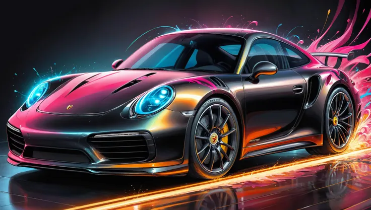 breathtaking A dynamic digital illustration of a Porsche 911 Turbo, painted with shiny bloom image, The car's design is sleek and detailed, with reflective surfaces that highlight its curves and speed. The background should be an abstract, digital art style, with streaks and splashes of neon colors that convey motion and energy. The artwork should capture the iconic shape and features of the Porsche 911 Turbo, while also infusing it with a modern, energetic vibe that complements its high-performance nature. Porsche badge <lora:InkArtXL_1.2:0.4> . award-winning, professional, highly detailed